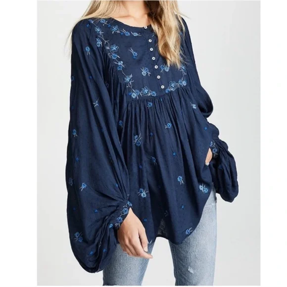 Free People Kiss From A Rose Long Sleeve Floral Embroidered Boho Blouse Small - Picture 12 of 12